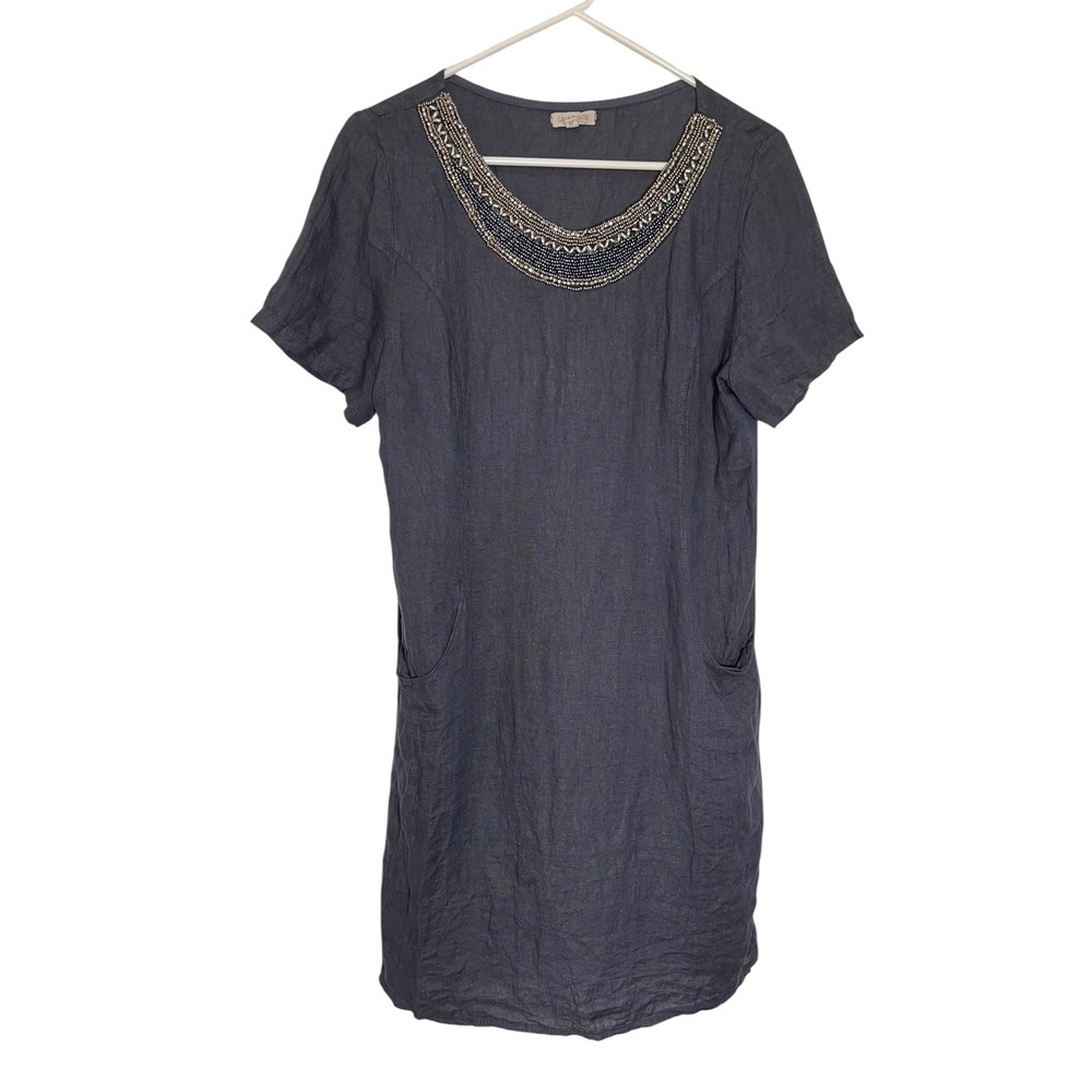 Lina Tomei M Grey Linen Shift Dress Beaded Neckline Pockets Lagenlook Boho